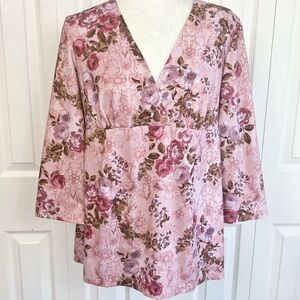 Two Hearts Maternity Pink Floral Babydoll Empire Waist Tie Back Top Large